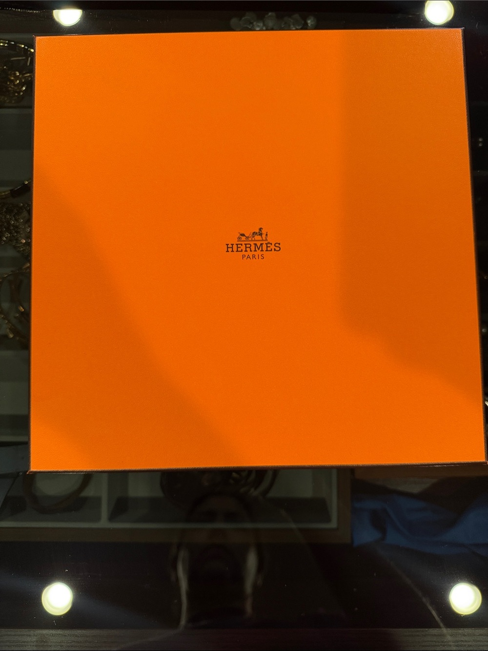 Hermes Gift Box with ribbon, tissue paper, and card holder 9.5x9.5x 3/4 inch